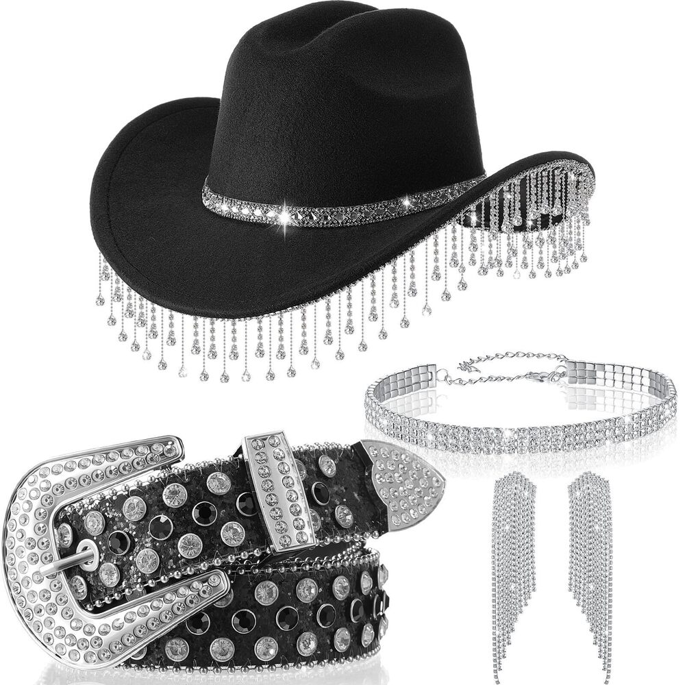 9868 5 Pcs Glitter Cowgirl Hat Rhinestone Jewelry Set Western Sparkly